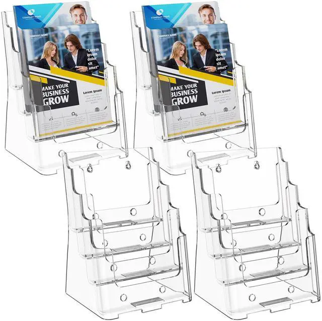 Main image of Acrylic Brochure Holder 6 x 9 Inch, 4 Tier, 4 Pack | Clear Acrylic Construction with Slanted Back for Stable Display, Wall Mount or Countertop Use, Non-Slip Slots