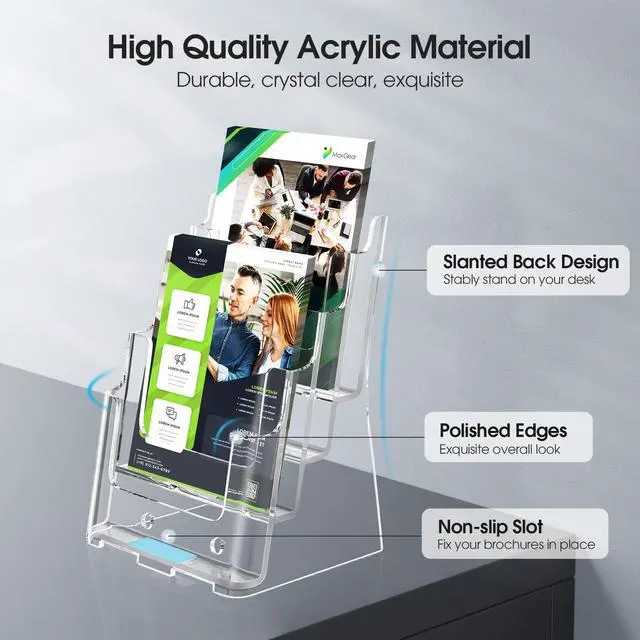 Alt view image 3 of 7 - Acrylic Brochure Holder 6 x 9 Inch, 4 Tier, 4 Pack | Clear Acrylic Construction with Slanted Back for Stable Display, Wall Mount or Countertop Use, Non-Slip Slots