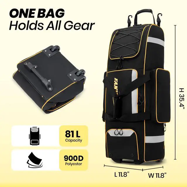 Alt view image 3 of 7 - 81L Rolling Baseball Bag with Wheels, Softball Catchers Gear Bags for 4 Bats (Fits Up To 34"), Separate Shoe Compartment, Safety Reflective Strip, Fence Hook, Foldable T-Bag for Youth & Adult