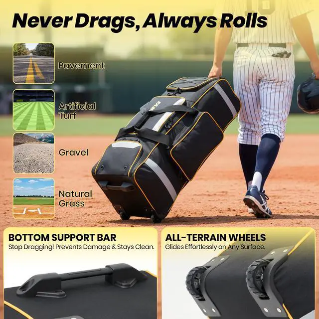 Alt view image 4 of 7 - 81L Rolling Baseball Bag with Wheels, Softball Catchers Gear Bags for 4 Bats (Fits Up To 34"), Separate Shoe Compartment, Safety Reflective Strip, Fence Hook, Foldable T-Bag for Youth & Adult