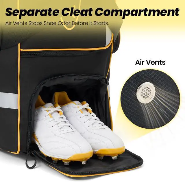 Alt view image 5 of 7 - 81L Rolling Baseball Bag with Wheels, Softball Catchers Gear Bags for 4 Bats (Fits Up To 34"), Separate Shoe Compartment, Safety Reflective Strip, Fence Hook, Foldable T-Bag for Youth & Adult