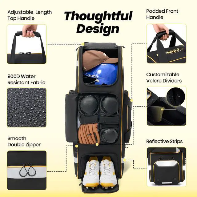 Alt view image 6 of 7 - 81L Rolling Baseball Bag with Wheels, Softball Catchers Gear Bags for 4 Bats (Fits Up To 34"), Separate Shoe Compartment, Safety Reflective Strip, Fence Hook, Foldable T-Bag for Youth & Adult
