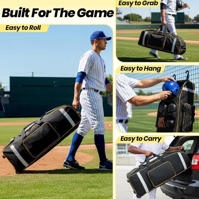 Alt view image 7 of 7 - 81L Rolling Baseball Bag with Wheels, Softball Catchers Gear Bags for 4 Bats (Fits Up To 34"), Separate Shoe Compartment, Safety Reflective Strip, Fence Hook, Foldable T-Bag for Youth & Adult