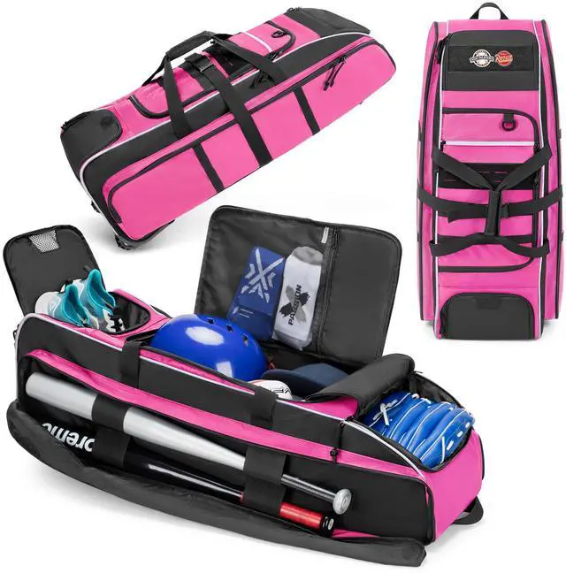 Main image of Rolling Baseball Bag with Wheels, Softball Catchers Bag for 4 Bats | Two Side Bat Pockets, Smooth and Sturdy Roller, Back Fence Hook, Multiple Pockets for All Baseball Gear