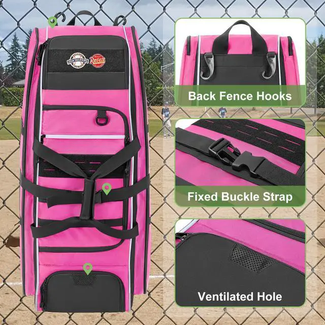 Alt view image 4 of 7 - Rolling Baseball Bag with Wheels, Softball Catchers Bag for 4 Bats | Two Side Bat Pockets, Smooth and Sturdy Roller, Back Fence Hook, Multiple Pockets for All Baseball Gear