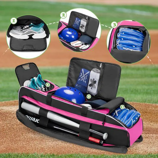Alt view image 3 of 7 - Rolling Baseball Bag with Wheels, Softball Catchers Bag for 4 Bats | Two Side Bat Pockets, Smooth and Sturdy Roller, Back Fence Hook, Multiple Pockets for All Baseball Gear