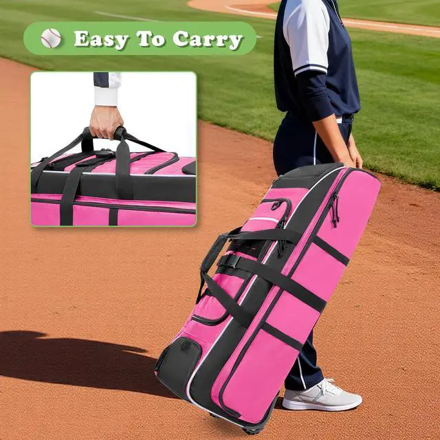 Alt view image 5 of 7 - Rolling Baseball Bag with Wheels, Softball Catchers Bag for 4 Bats | Two Side Bat Pockets, Smooth and Sturdy Roller, Back Fence Hook, Multiple Pockets for All Baseball Gear