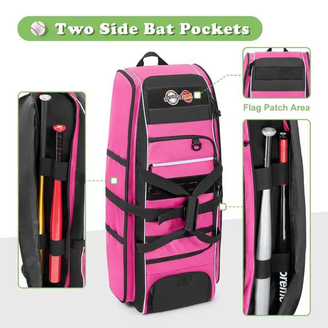Alt view image 2 of 7 - Rolling Baseball Bag with Wheels, Softball Catchers Bag for 4 Bats | Two Side Bat Pockets, Smooth and Sturdy Roller, Back Fence Hook, Multiple Pockets for All Baseball Gear