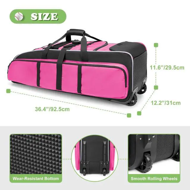 Alt view image 6 of 7 - Rolling Baseball Bag with Wheels, Softball Catchers Bag for 4 Bats | Two Side Bat Pockets, Smooth and Sturdy Roller, Back Fence Hook, Multiple Pockets for All Baseball Gear