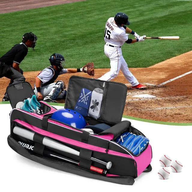 Alt view image 7 of 7 - Rolling Baseball Bag with Wheels, Softball Catchers Bag for 4 Bats | Two Side Bat Pockets, Smooth and Sturdy Roller, Back Fence Hook, Multiple Pockets for All Baseball Gear