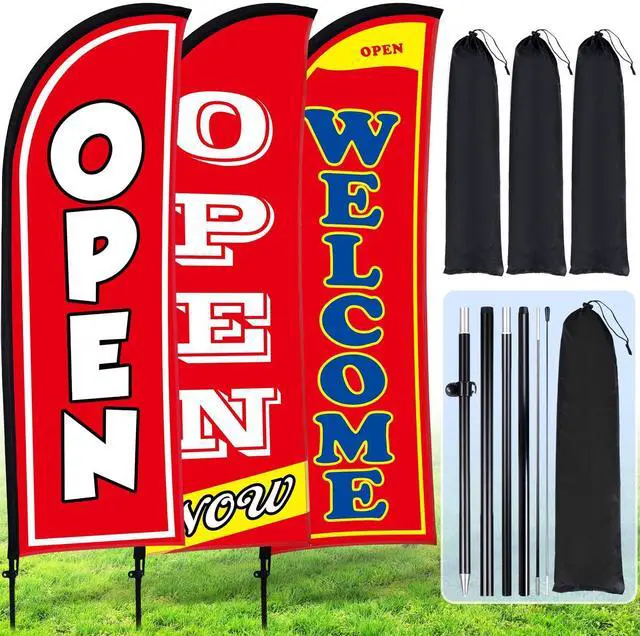 Main image of 3 Sets Now Open Feather Flag Banner for Business Advertising 7 Feet Tall Grand Opening Feather Flag Sign with Fiberglass Pole Kit Rotating Ground Spike and Portable Bag(Red)