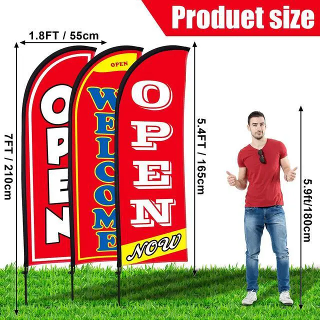 Alt view image 2 of 7 - 3 Sets Now Open Feather Flag Banner for Business Advertising 7 Feet Tall Grand Opening Feather Flag Sign with Fiberglass Pole Kit Rotating Ground Spike and Portable Bag(Red)