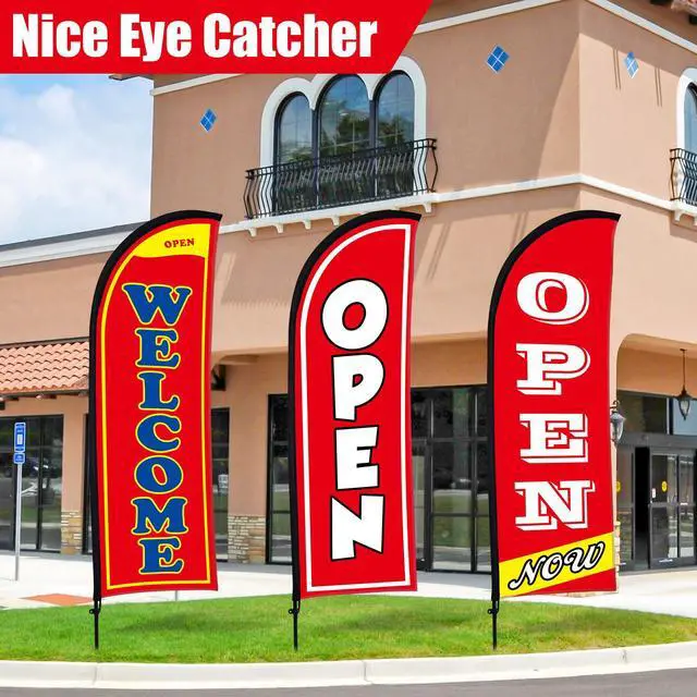 Alt view image 5 of 7 - 3 Sets Now Open Feather Flag Banner for Business Advertising 7 Feet Tall Grand Opening Feather Flag Sign with Fiberglass Pole Kit Rotating Ground Spike and Portable Bag(Red)