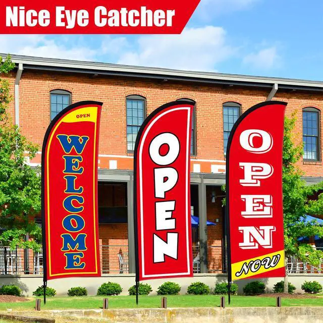 Alt view image 7 of 7 - 3 Sets Now Open Feather Flag Banner for Business Advertising 7 Feet Tall Grand Opening Feather Flag Sign with Fiberglass Pole Kit Rotating Ground Spike and Portable Bag(Red)
