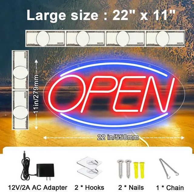 Alt view image 3 of 7 - 22" X 11" Led Neon Open Signs for Business, Large Open Signs, Plug In Electric Light Up with ON/OFF Switch, Ultra Bright Open Sign for Bar Salon Coffee Stores Club Hotel (Oval)