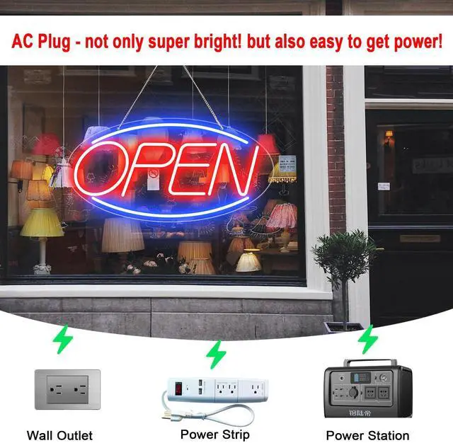 Alt view image 6 of 7 - 22" X 11" Led Neon Open Signs for Business, Large Open Signs, Plug In Electric Light Up with ON/OFF Switch, Ultra Bright Open Sign for Bar Salon Coffee Stores Club Hotel (Oval)