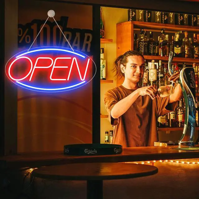 Alt view image 7 of 7 - 22" X 11" Led Neon Open Signs for Business, Large Open Signs, Plug In Electric Light Up with ON/OFF Switch, Ultra Bright Open Sign for Bar Salon Coffee Stores Club Hotel (Oval)