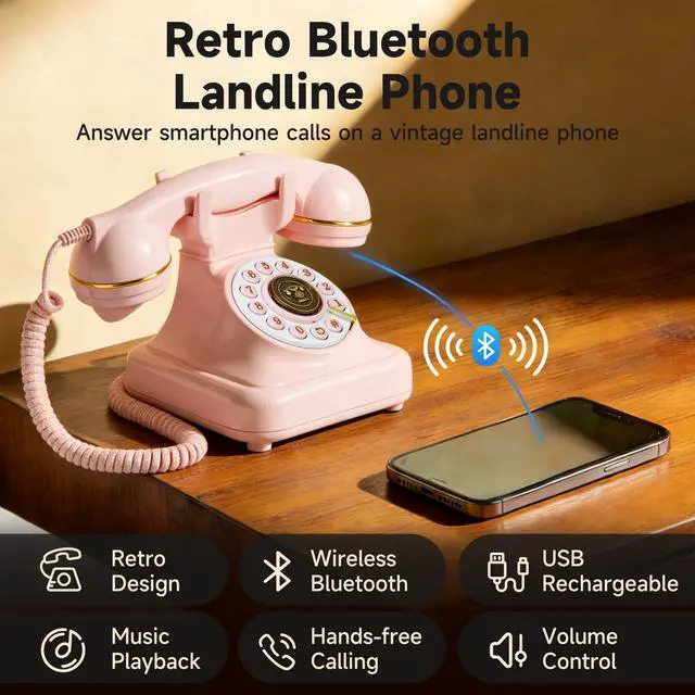 Alt view image 2 of 7 - Bluetooth Rotary Landline Phone, Retro Bluetooth Home Phone, Vintage Old Fashioned Telephone with Speakerphone & Volume Control, Wireless Rechargeable Telephone for Bedroom, Home & OfficePink