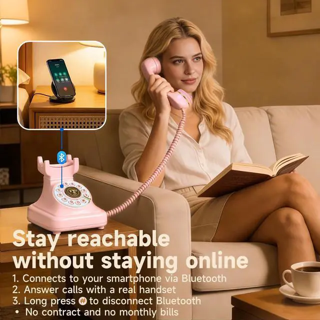 Alt view image 3 of 7 - Bluetooth Rotary Landline Phone, Retro Bluetooth Home Phone, Vintage Old Fashioned Telephone with Speakerphone & Volume Control, Wireless Rechargeable Telephone for Bedroom, Home & OfficePink