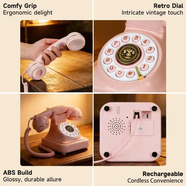Alt view image 5 of 7 - Bluetooth Rotary Landline Phone, Retro Bluetooth Home Phone, Vintage Old Fashioned Telephone with Speakerphone & Volume Control, Wireless Rechargeable Telephone for Bedroom, Home & OfficePink