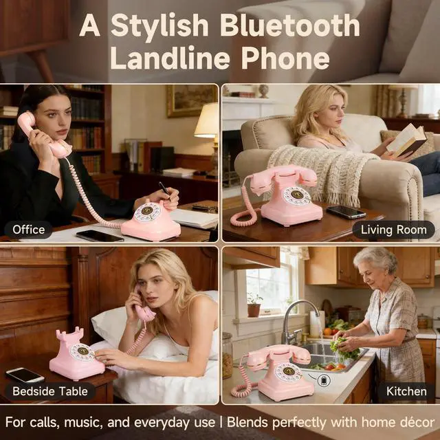 Alt view image 6 of 7 - Bluetooth Rotary Landline Phone, Retro Bluetooth Home Phone, Vintage Old Fashioned Telephone with Speakerphone & Volume Control, Wireless Rechargeable Telephone for Bedroom, Home & OfficePink