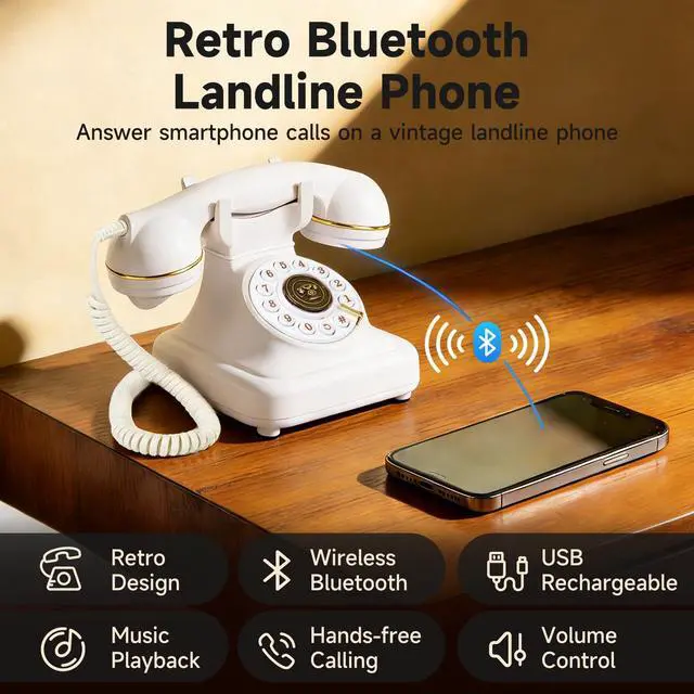 Alt view image 2 of 7 - Bluetooth Rotary Landline Phone, Retro Bluetooth Home Phone, Vintage Old Fashioned Telephone with Speakerphone & Volume Control, Wireless Rechargeable Telephone for Bedroom, Home & Office, White