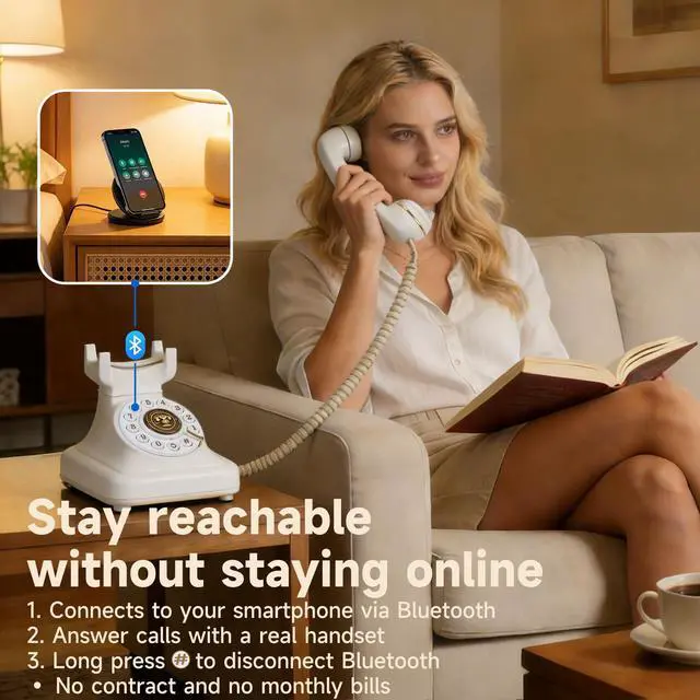Alt view image 3 of 7 - Bluetooth Rotary Landline Phone, Retro Bluetooth Home Phone, Vintage Old Fashioned Telephone with Speakerphone & Volume Control, Wireless Rechargeable Telephone for Bedroom, Home & Office, White