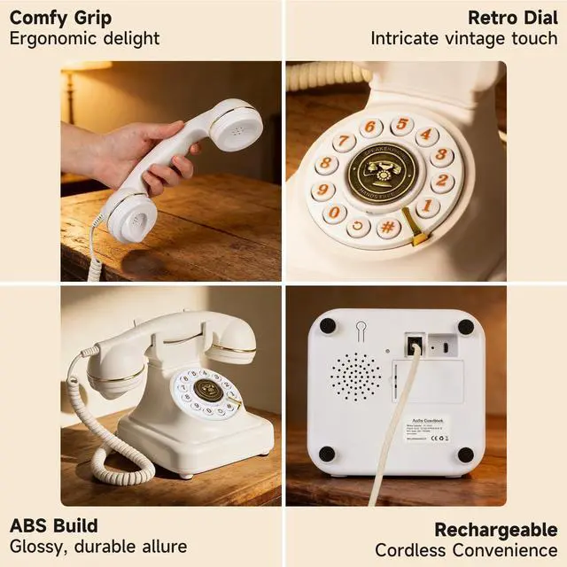 Alt view image 5 of 7 - Bluetooth Rotary Landline Phone, Retro Bluetooth Home Phone, Vintage Old Fashioned Telephone with Speakerphone & Volume Control, Wireless Rechargeable Telephone for Bedroom, Home & Office, White