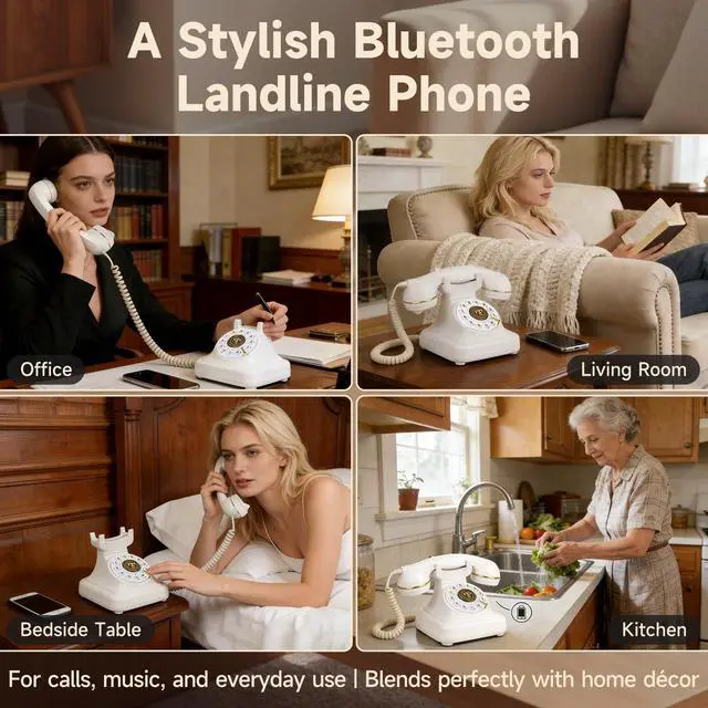 Alt view image 6 of 7 - Bluetooth Rotary Landline Phone, Retro Bluetooth Home Phone, Vintage Old Fashioned Telephone with Speakerphone & Volume Control, Wireless Rechargeable Telephone for Bedroom, Home & Office, White