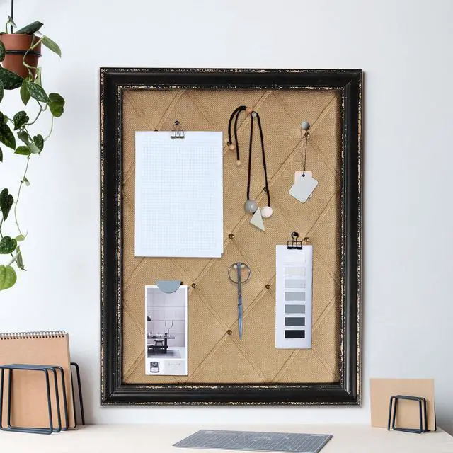 Alt view image 5 of 6 - Vision Board Linen Bulletin Board Black Frame, 21"×27" Pin Boards Large Cork Boards for Walls, Rustic Message Board Decorative Memo Boards, Wall Mounted Display Picture Board for Home Office Decor