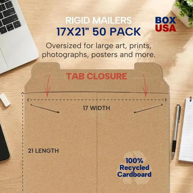 Alt view image 2 of 7 - Rigid Mailers 17" x 21" (50-Pack) - Kraft Mailer Envelopes for Large Artwork, Posters, Blueprints - Stay Flat