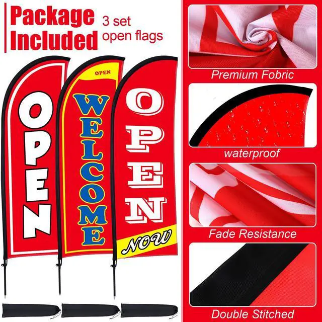 Alt view image 6 of 7 - 3 Sets Now Open Feather Flag Banner for Business Advertising 7 Feet Tall Grand Opening Feather Flag Sign with Fiberglass Pole Kit Rotating Ground Spike and Portable Bag(Red)
