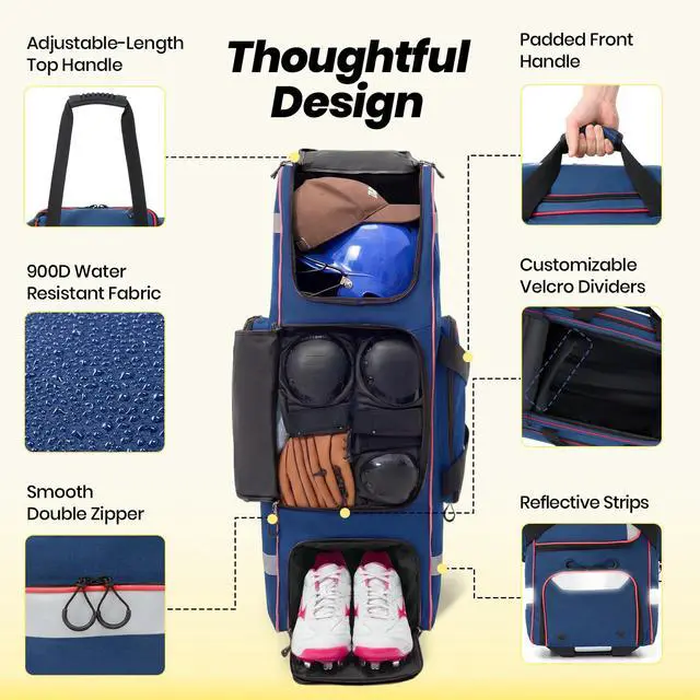 Alt view image 6 of 7 - 81L Rolling Baseball Bag with Wheels, Softball Catchers Gear Bags for 4 Bats (Fits Up To 34"), Separate Shoe Compartment, Safety Reflective Strip, Fence Hook, Foldable T-Bag for Youth & Adult