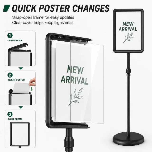 Alt view image 3 of 7 - Sign Holder Stand Display: 8.5×11 Inch Adjustable Standing Signage Stand with Snap Frame for Malls Schools Restaurants (2 pack)