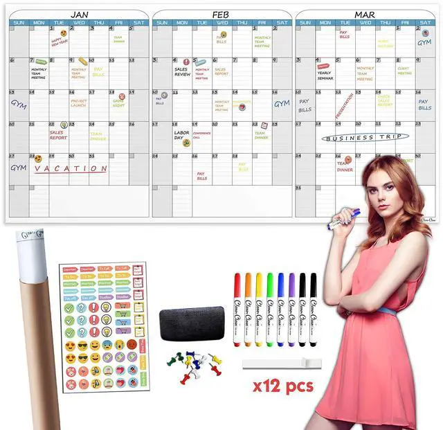 Main image of Large Dry Erase Wall Calendar - 36"x72" Undated 3-Month Calendar for Home, School, Office Projects - Jumbo Reusable Task Organizer