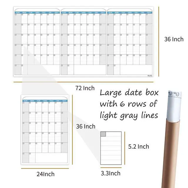 Alt view image 2 of 7 - Large Dry Erase Wall Calendar - 36"x72" Undated 3-Month Calendar for Home, School, Office Projects - Jumbo Reusable Task Organizer