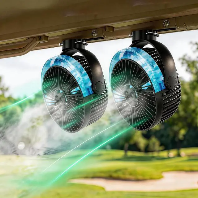 Main image of 2-Pack Magnetic Golf Cart Misting Fan with Heavy-Duty Strap, 12000mAH Battery Operated Portable Fan with 4 Speeds, LED, Timer, Suitable for EZGO Club Car Yamaha, Golf Cart & Camping Accessories 2026