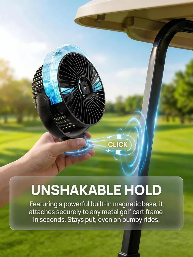 Alt view image 2 of 7 - 2-Pack Magnetic Golf Cart Misting Fan with Heavy-Duty Strap, 12000mAH Battery Operated Portable Fan with 4 Speeds, LED, Timer, Suitable for EZGO Club Car Yamaha, Golf Cart & Camping Accessories 2026