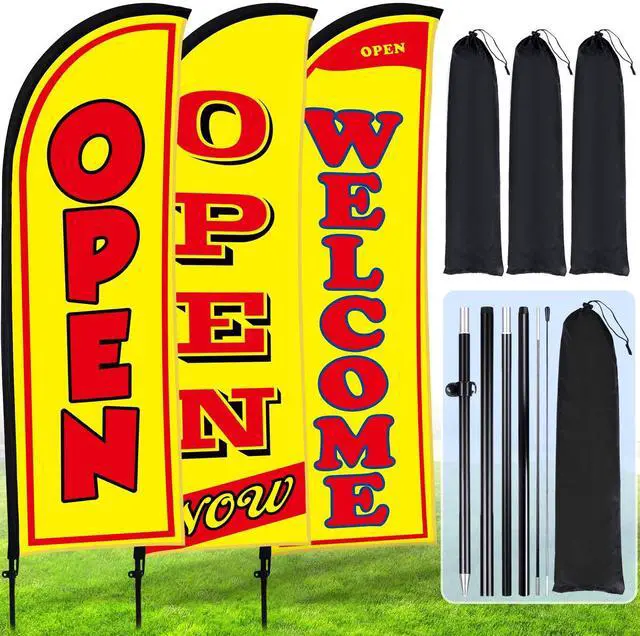 Main image of 3 Sets Now Open Feather Flag Banner for Business Advertising 7 Feet Tall Grand Opening Feather Flag Sign with Fiberglass Pole Kit Rotating Ground Spike and Portable Bag (Yellow)