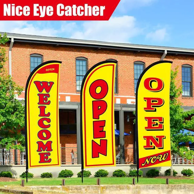 Alt view image 3 of 7 - 3 Sets Now Open Feather Flag Banner for Business Advertising 7 Feet Tall Grand Opening Feather Flag Sign with Fiberglass Pole Kit Rotating Ground Spike and Portable Bag (Yellow)