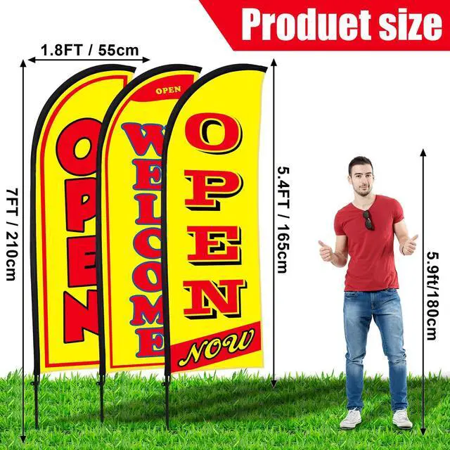 Alt view image 2 of 7 - 3 Sets Now Open Feather Flag Banner for Business Advertising 7 Feet Tall Grand Opening Feather Flag Sign with Fiberglass Pole Kit Rotating Ground Spike and Portable Bag (Yellow)