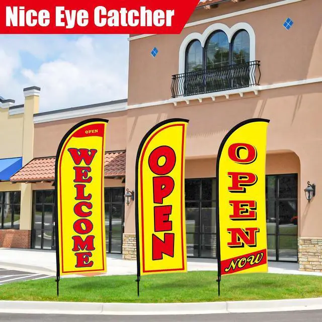 Alt view image 4 of 7 - 3 Sets Now Open Feather Flag Banner for Business Advertising 7 Feet Tall Grand Opening Feather Flag Sign with Fiberglass Pole Kit Rotating Ground Spike and Portable Bag (Yellow)