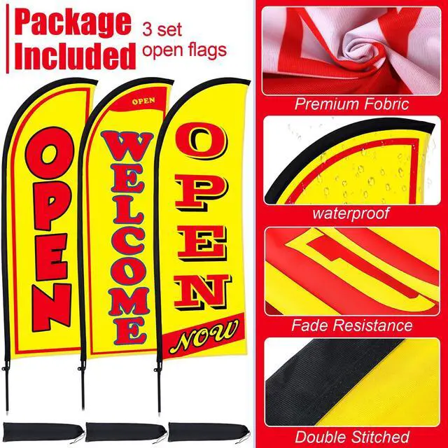 Alt view image 5 of 7 - 3 Sets Now Open Feather Flag Banner for Business Advertising 7 Feet Tall Grand Opening Feather Flag Sign with Fiberglass Pole Kit Rotating Ground Spike and Portable Bag (Yellow)