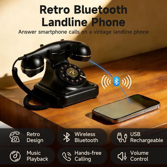Alt view image 2 of 7 - Bluetooth Rotary Landline Phone, Retro Bluetooth Home Phone, Vintage Old Fashioned Telephone with Speakerphone & Volume Control, Wireless Rechargeable Telephone for Bedroom, Home & Office, Black