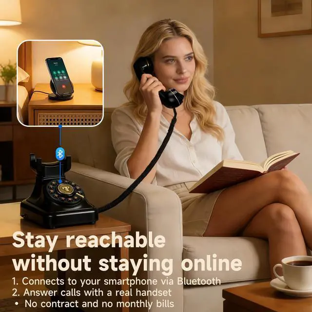 Alt view image 3 of 7 - Bluetooth Rotary Landline Phone, Retro Bluetooth Home Phone, Vintage Old Fashioned Telephone with Speakerphone & Volume Control, Wireless Rechargeable Telephone for Bedroom, Home & Office, Black