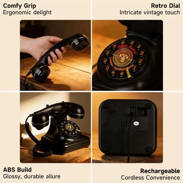 Alt view image 5 of 7 - Bluetooth Rotary Landline Phone, Retro Bluetooth Home Phone, Vintage Old Fashioned Telephone with Speakerphone & Volume Control, Wireless Rechargeable Telephone for Bedroom, Home & Office, Black