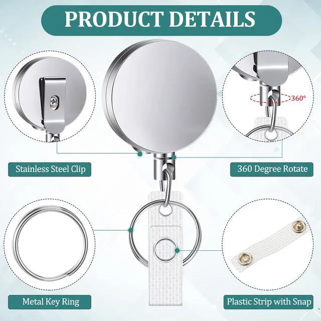 Alt view image 3 of 6 - 70 Pack Heavy Duty Retractable Badge Holder Reel Metal ID Badge Holder with Belt Clip Keyring Retractable Clip Bulk Card for Work Employee Doctor Nurse Gifts (Glossy Silver)