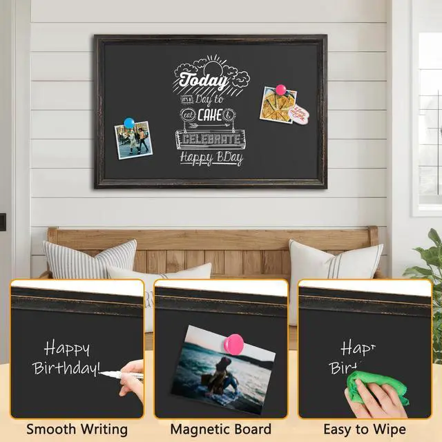 Alt view image 3 of 7 - Magnetic Chalkboard 36x24 Rustic Wood Framed Chalk Board for Wall | Rustic Wood Chalkboard, Magnetic Blackboard Wall, Wall Mounted Kitchen Menu, Farmhouse Home Classroom, Durable Easy Clean