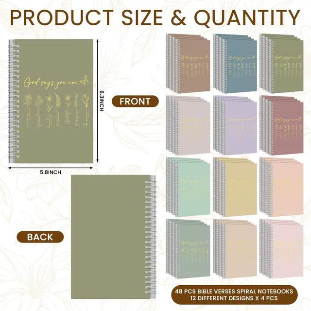 Alt view image 2 of 7 - 48 Pcs Floral Christian Spiral Notebook Set A5 Back to School Christian Gifts God Says You Are Bible Verse Inspirational Prayer Journal with Gold Foil Cover for Church 5.8" x 8.3"