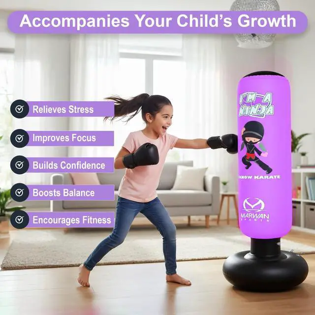 Alt view image 2 of 4 - Ninja Kids Punching Bag Inflatable Sensory Toy & Birthday Gift for Boys & Girls Ages 4-12, 63" Freestanding 5-in-1 Kit, Indoor Apartment-Quiet Sensory-Friendly Active Play